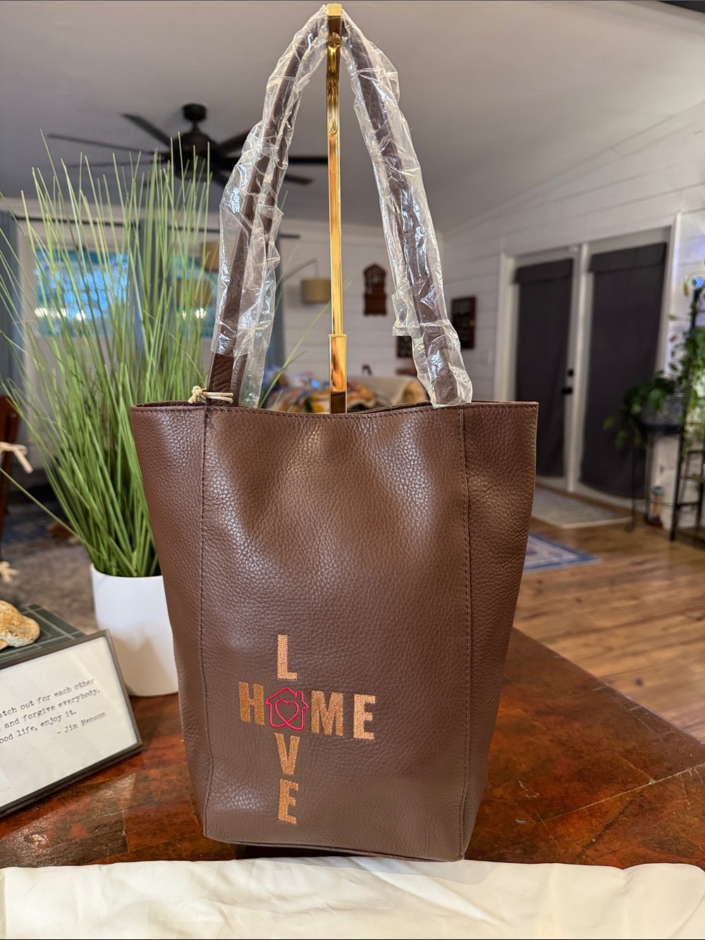 HOBO x Habitat for Humanity Brown 'HOME LOVE' Embossed Pebbled Tote